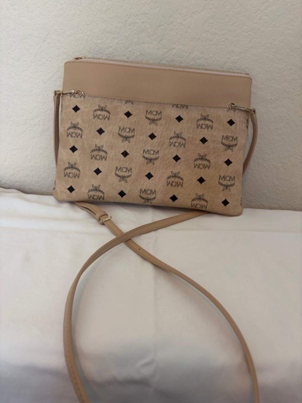 MCM Beige and Tan Visetos Logo Crossbody Bag